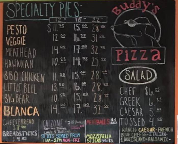 Page 1 of menu, Buddy's Pizza Frankfort, KY